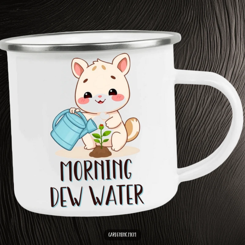 Funny happy animal character watering a small plant with a watering can, on a durable camping mug for outdoor use.
