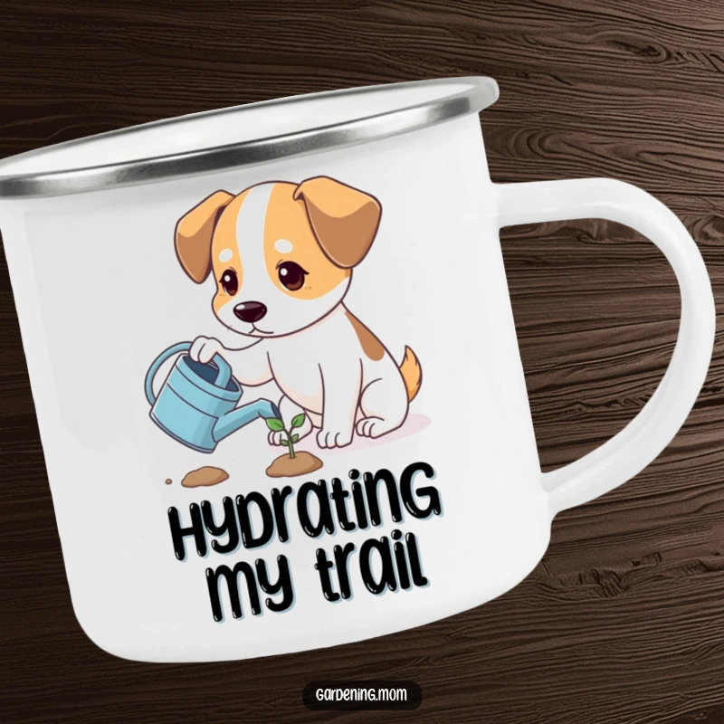 Funny dog watering a sprout, looking hopeful, durable camping mug for hot or cold drinks, funny gift.