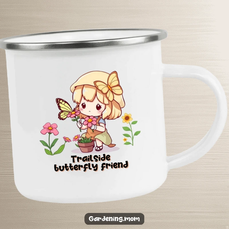 Funny Camping Mug: Kawaii gardening character in awe of a butterfly on a flower, perfect for adventures.