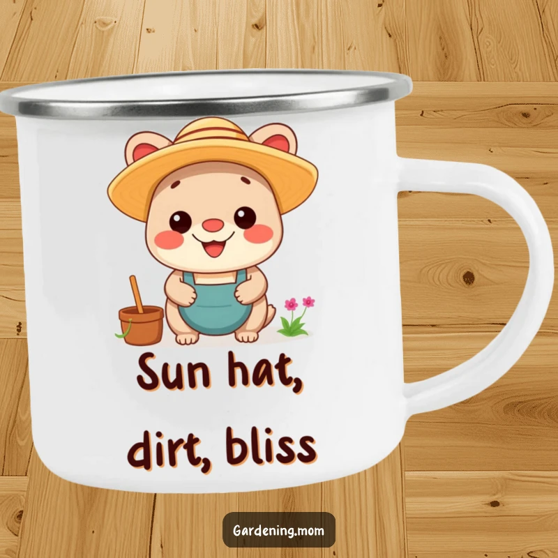 Funny Kawaii Gardening Animal Camping Mug: A durable mug with a proud, smiling animal in a straw hat, ideal for outdoor use.