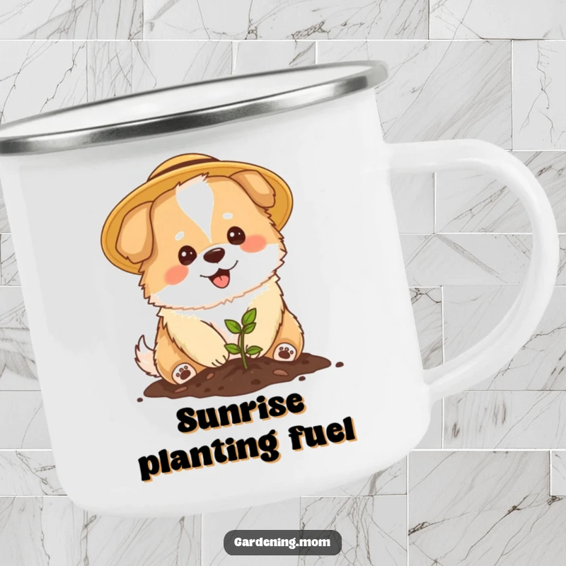 Funny Mama Dog Gardener Campfire Mug: A fluffy mama dog in a sun hat happily plants a seedling, perfect for outdoors.