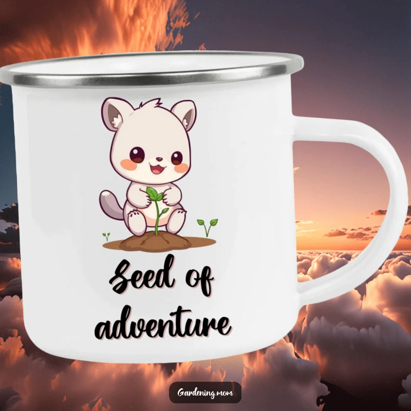 Funny camping mug showcasing a happy gardening animal character planting a seed, ideal for outdoor inspiration.