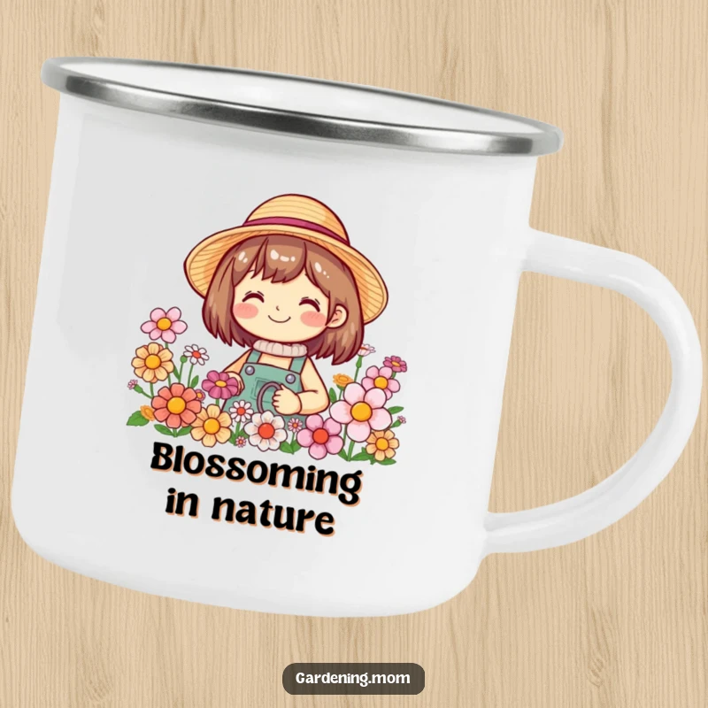 Funny camping mug with a smiling gardening character in a straw hat, surrounded by flowers, perfect for enjoying drinks outdoors.