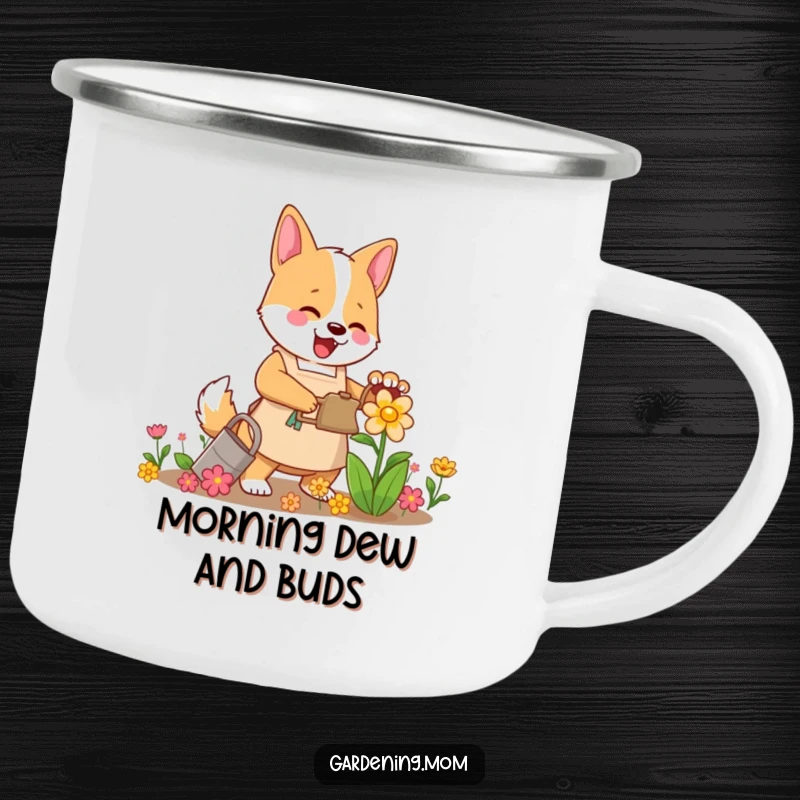 Funny Mama Dog Gardener Campfire Mug: A mama dog in an apron happily waters a vibrant flower, perfect for outdoors.