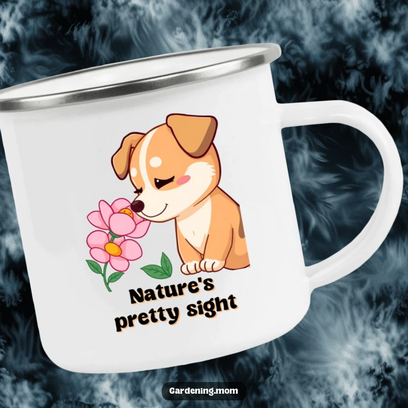 Funny dog admiring a blooming flower with pure delight, a durable camping mug for outdoor enjoyment, funny gift.
