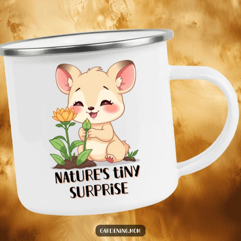 Funny camping mug featuring a happy gardening mom animal excitedly examining a new bud, ideal for outdoor enthusiasts.