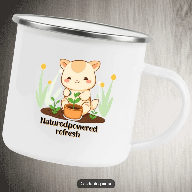 Funny kawaii gardening camping mug with a cute animal character watering a sprout, perfect for enjoying drinks outdoors.