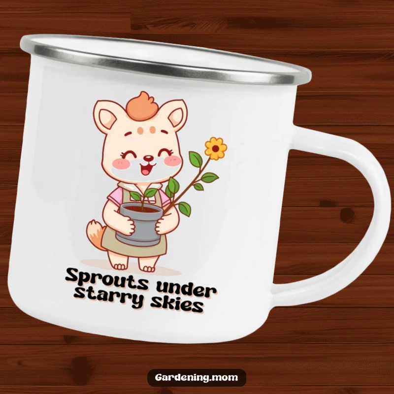 Funny camping mug featuring a cheerful gardening mom animal character holding a sprout, perfect for enjoying drinks outdoors surrounded by nature.