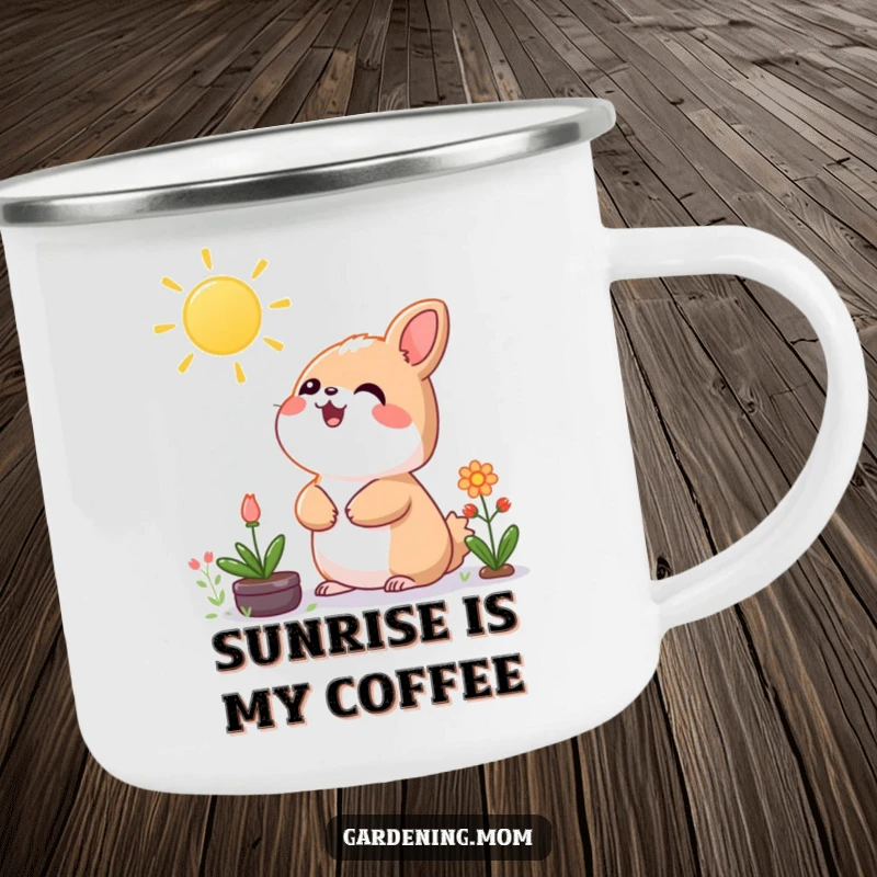 Funny Kawaii Gardening Animal Camping Mug Looking Up at Sun, Durable, Outdoor Adventure, Great Cup.