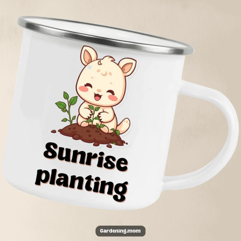 Funny camping mug with a joyful animal character planting seeds, ideal for outdoor lovers who appreciate peaceful gardening.