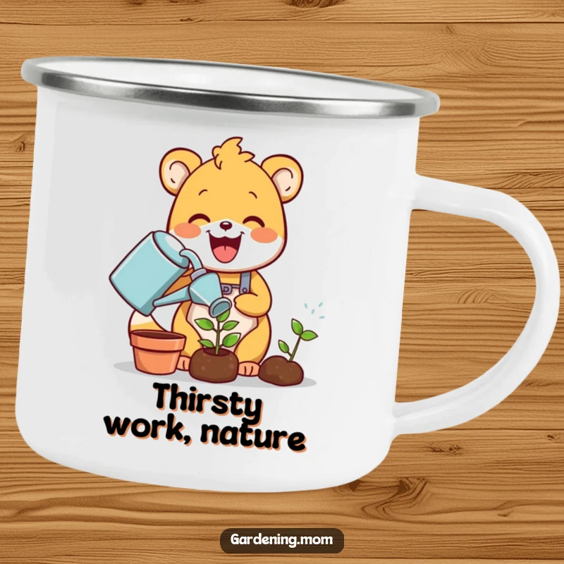 Funny gardening animal camping mug: a delighted critter joyfully waters a tiny green sprout with a watering can, perfect for outdoor adventures with a smile.