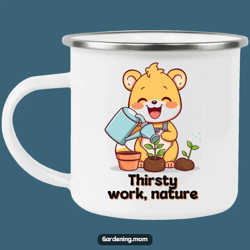Funny Gardening Animal Camping Mug: Delighted Critter Waters Sprout, Rugged Funny Gift
