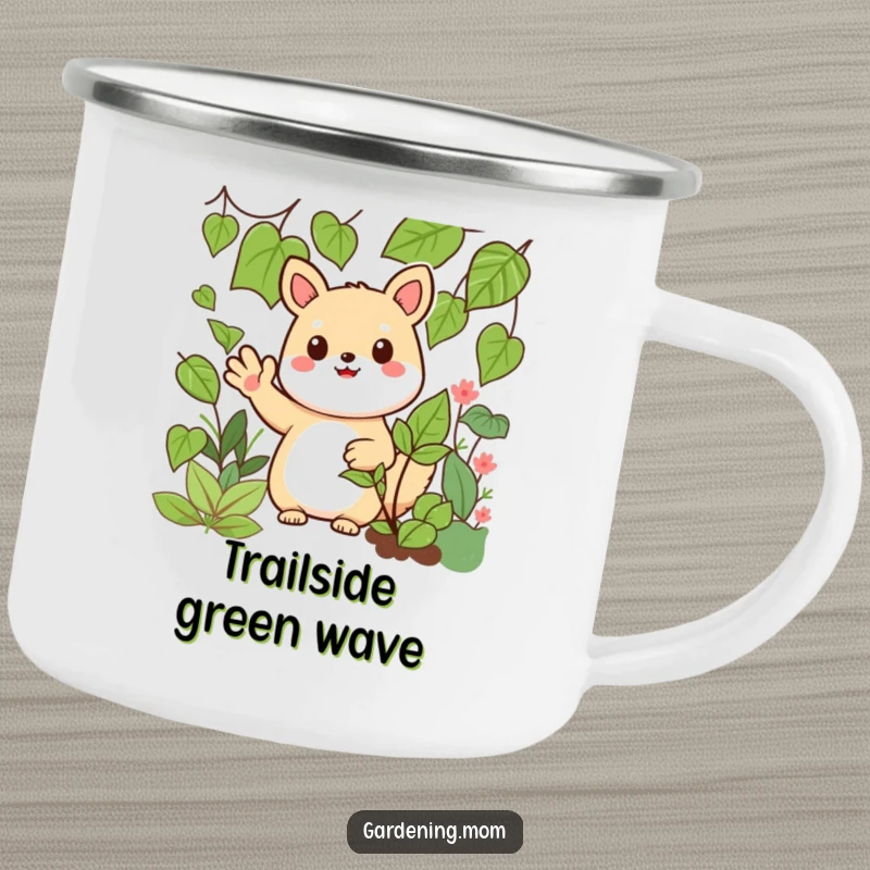 Funny Kawaii Gardening Animal Camping Mug Waving Hello Amidst Greens, Durable, Outdoor Adventure, Great Cup.