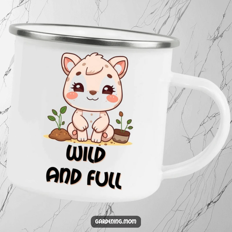 Funny gardening mom animal camping mug art: a beaming animal mom with dirt smudges on her cheeks, ready for outdoor fun.
