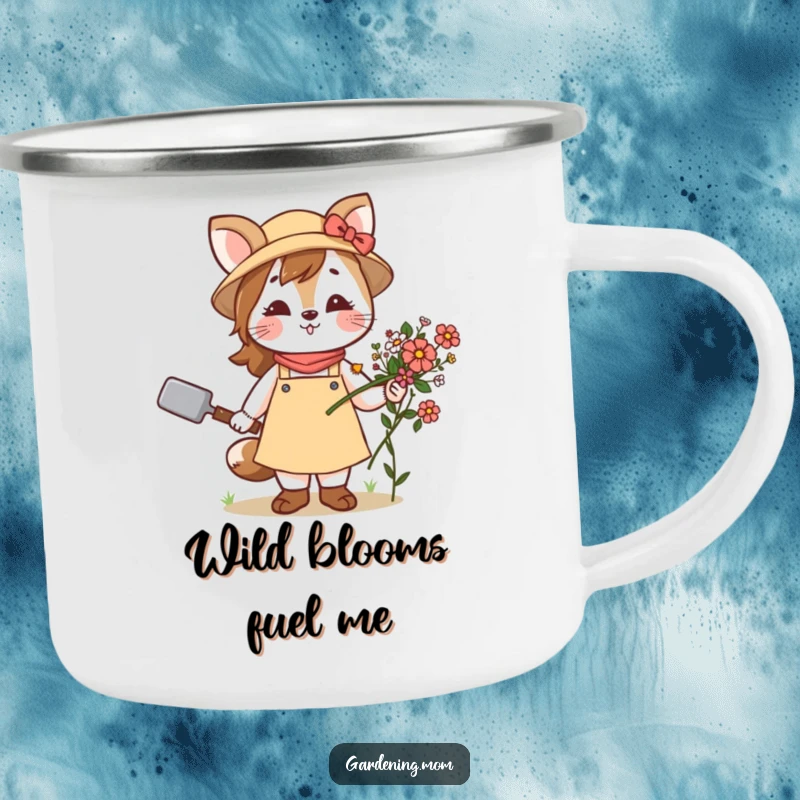 Funny camping mug featuring a happy gardening mom animal holding a trowel and flowers, ideal for outdoor enthusiasts.