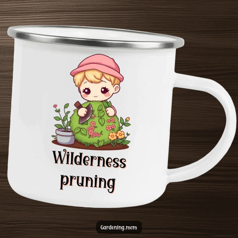 Funny Kawaii Gardener Camping Mug: Cute character gently pruning a bush with focus, great for peaceful camping.