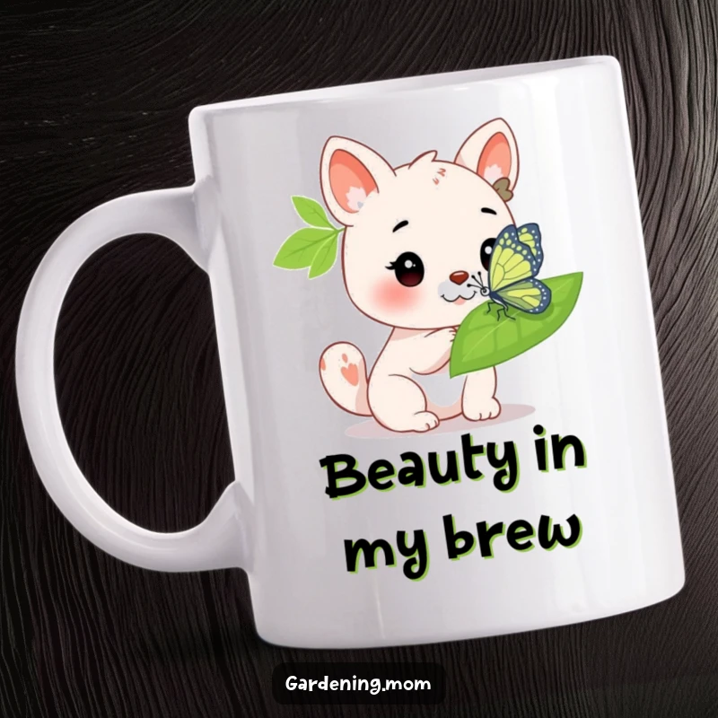 Funny Mug: An animal character marveling at a bright butterfly resting on a leaf, full of gentle curiosity.