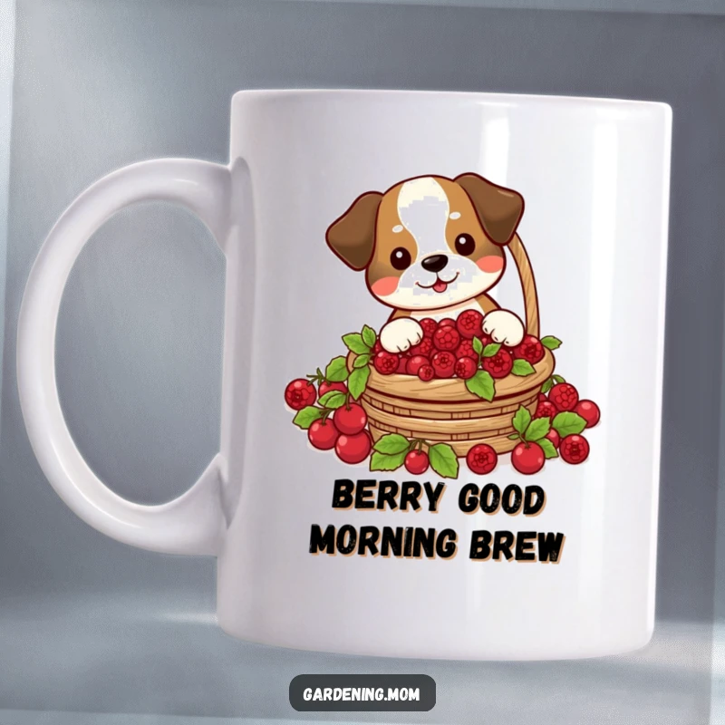 Funny mug featuring a dog happily harvesting a basket brimming with plump, red berries, looking like a skilled forager.