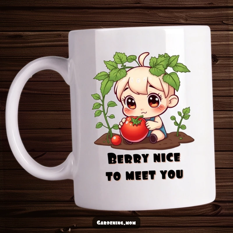 Funny mug with a curious gardening character gazing intently at a large, ripe tomato, highlighting a love for homegrown produce.