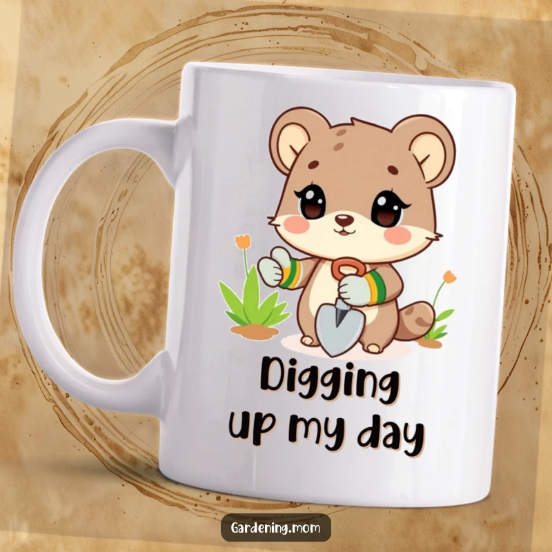 Funny Mug: An animal character wearing gardening gloves and holding a shovel, ready for a day of digging.