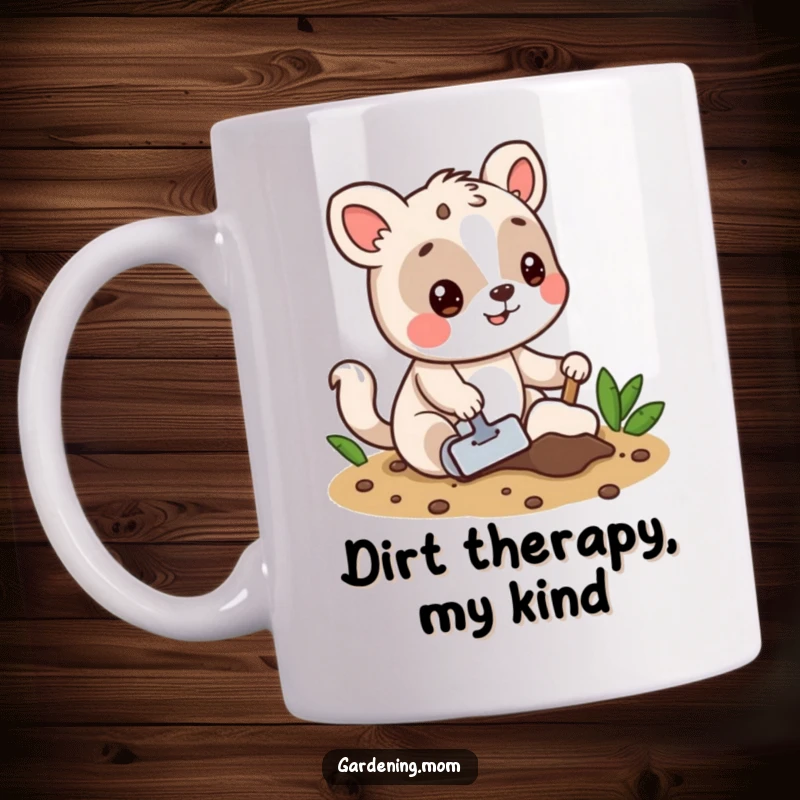 Funny mug showing a mischievous animal character enthusiastically digging in soil with a small trowel, ready for planting.