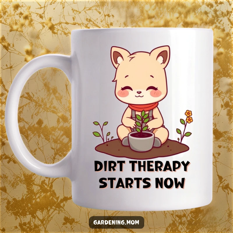 Funny mug with a cute gardening mom animal happily planting a small seedling, symbolizing new beginnings and green thumb passion.