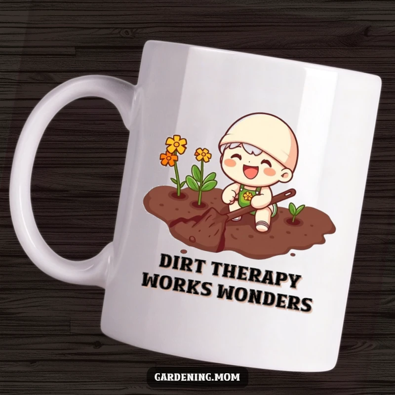 Funny mug showing a joyful gardening character enthusiastically digging in rich, dark soil, embodying the pleasure of working the earth.