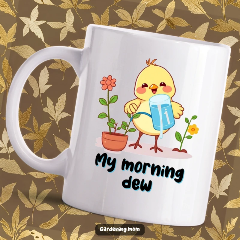 Funny mug featuring a cheerful little bird proudly watering plants with water held in its beak, showing accomplishment.
