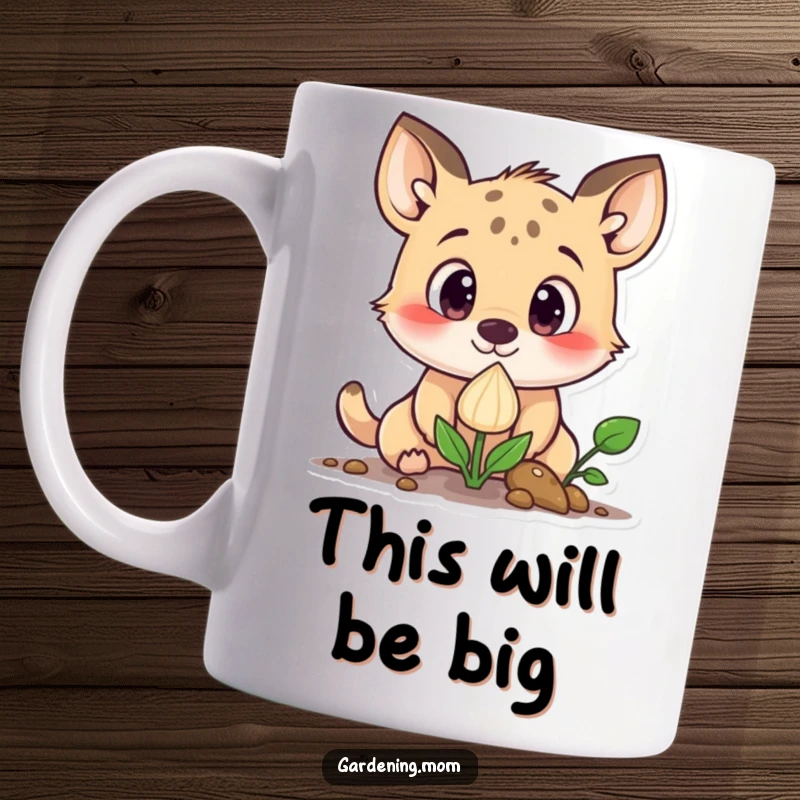 Funny curious animal character with wide eyes looking intently at a sprouting seed, designed for a mug.