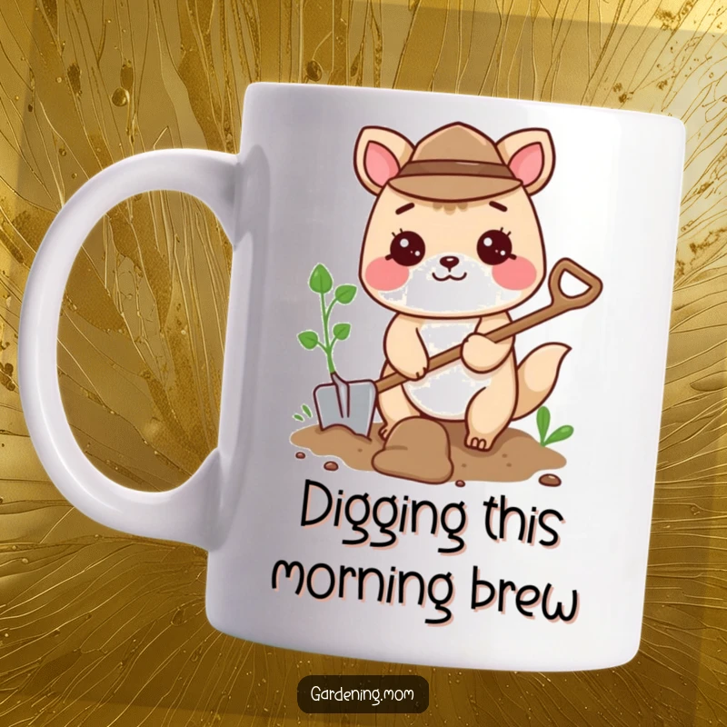 Funny mug featuring a happy gardening animal character enthusiastically digging with a small shovel, full of zest.