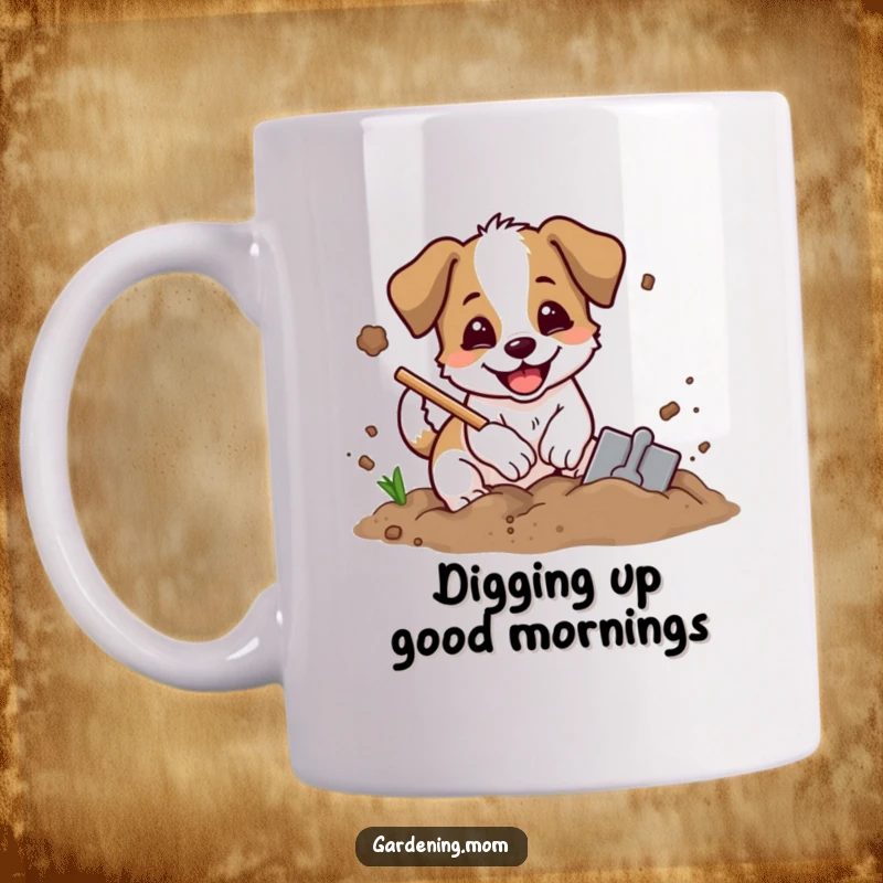 Funny digging dog mug showing an excited dog with a shovel, joyfully digging in dirt with mud flying everywhere.