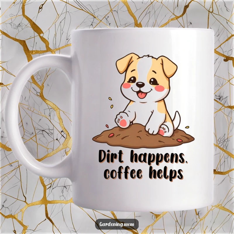 Funny mug showing a dog shaking soil from its paws with a satisfied wag, celebrating a day's work.