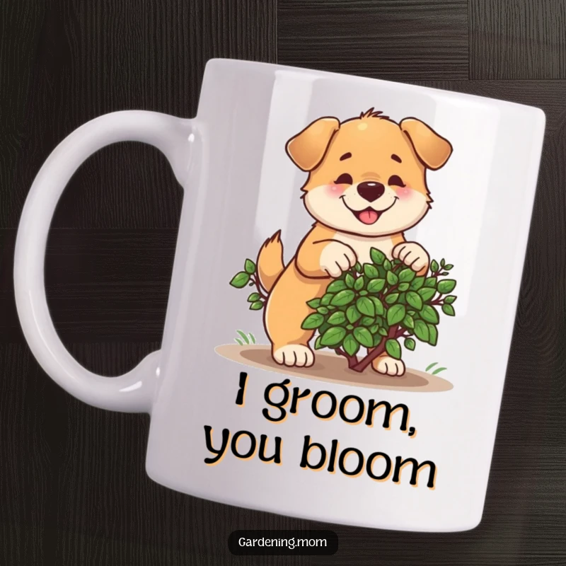 Funny mug with a determined dog cheerfully pruning a small bush, showcasing a happy gardener's obsession with a smile.