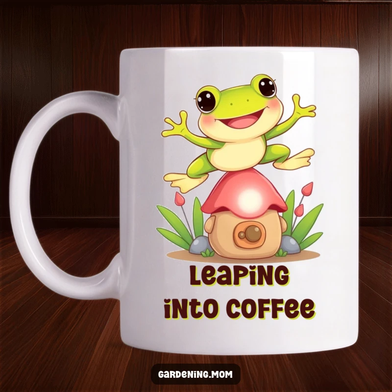 Funny Frog mug featuring a playful frog mid-jump over a small garden gnome, capturing a humorous and happy moment.
