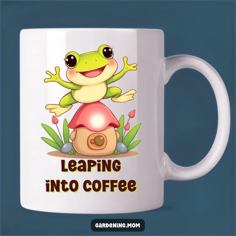 Funny Frog Jumping Mug: Gnome Leap, Playful Garden Scene, Perfect Funny Gift