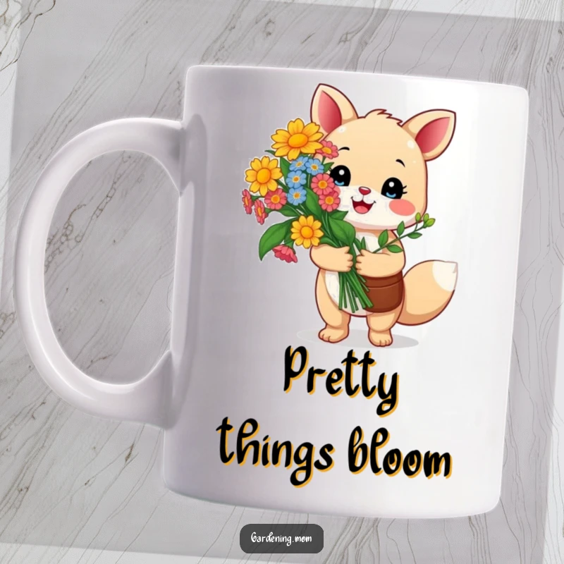 Funny gardening animal mug: a happy critter proudly holds a vibrant bouquet of colorful flowers, celebrating a successful harvest.