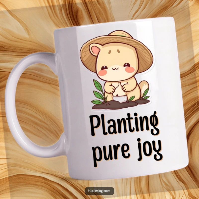 Funny gardening animal mug: a smiling critter in a straw hat carefully plants a bulb, symbolizing new beginnings and diligent care.