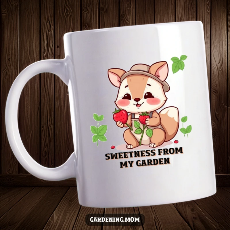 Funny gardening mom animal mug shows an animal mom holding out a perfectly ripe, freshly picked berry with a gentle smile.