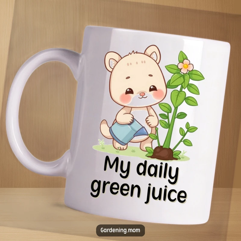 Funny mug with a happy gardening mom animal watering a vibrant, growing plant, symbolizing care and successful cultivation.