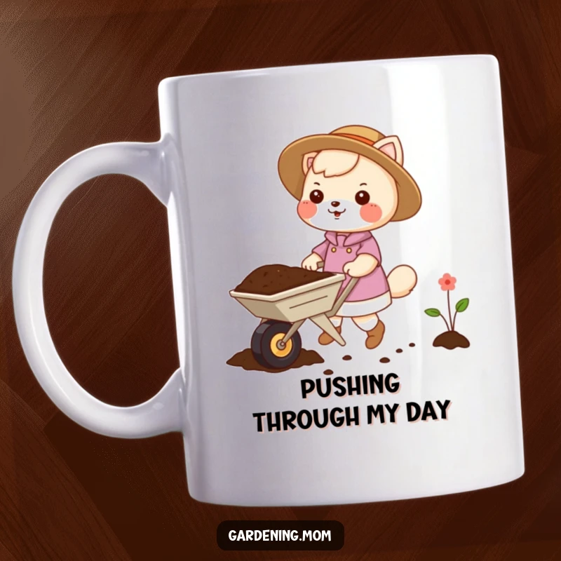 Funny gardening mom animal mug shows an animal mom pushing a small wheelbarrow overflowing with rich soil, ready to plant.