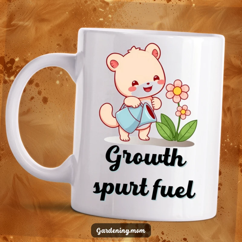 Funny mug with a joyful animal character happily watering a vibrant, blooming flower with a small watering can, embodying gardening glee.
