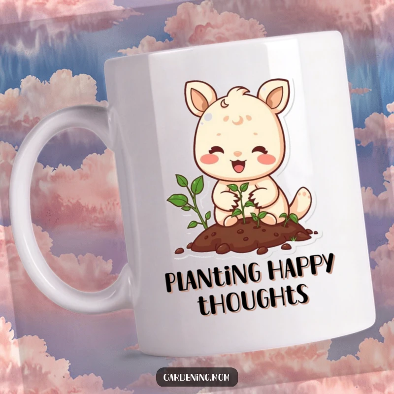 Funny mug showing a happy animal character gently smiling while planting seeds, embodying peaceful gardening.