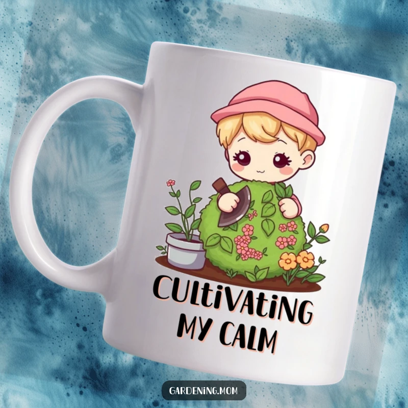 Funny Kawaii Gardener Mug: Cute character gently pruning a bush with focus, ideal for a quirky gardener funny gift.