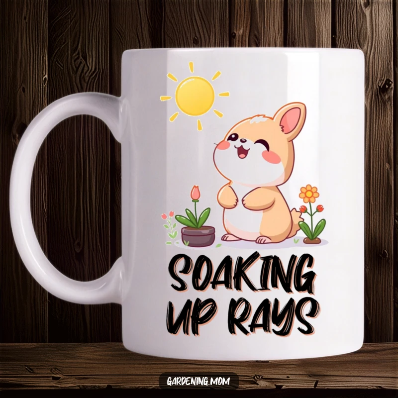 Funny Kawaii Gardening Animal Mug Looking Up with Glee at a Bright Sun, Cheerful and Optimistic.