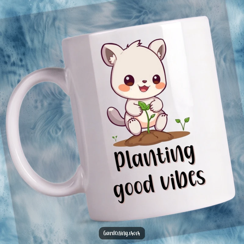 Funny mug featuring an enthusiastic gardening animal character planting a small seed with great care and joy.