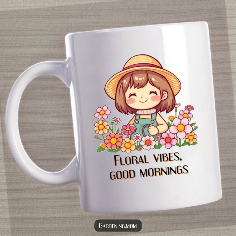 Funny mug of a smiling gardening character wearing a straw hat, joyfully surrounded by colorful blooming flowers, embodying garden happiness.