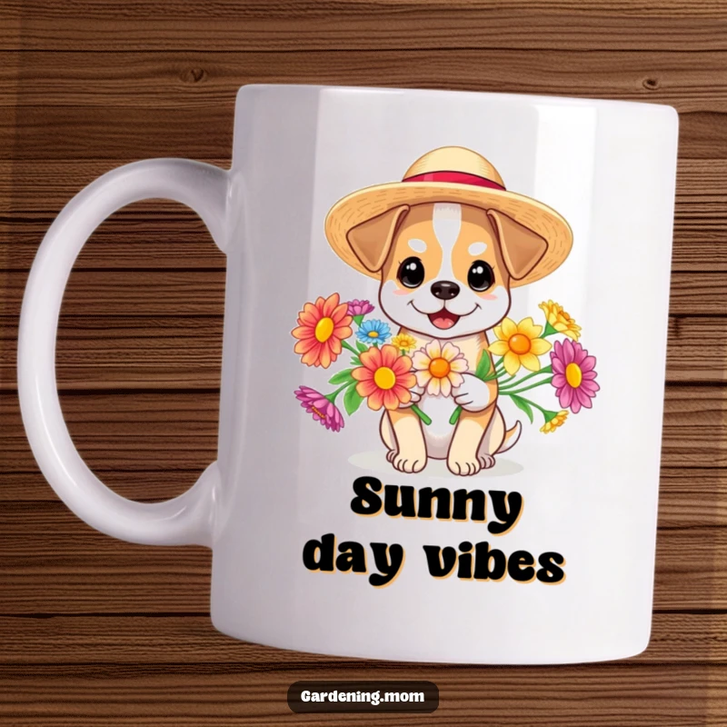 Funny dog wearing a sun hat and holding colorful flowers, radiating joy, perfect funny gift mug.
