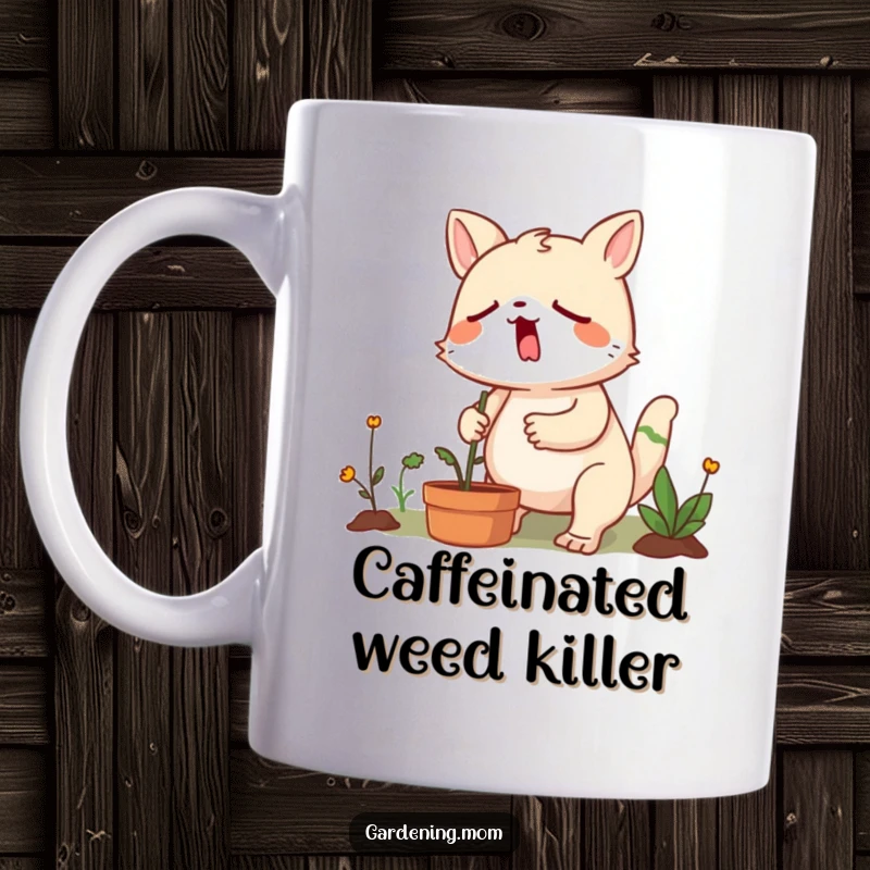 Funny gardening animal character yawning widely while determinedly pulling weeds, capturing the sleepy effort of garden maintenance.