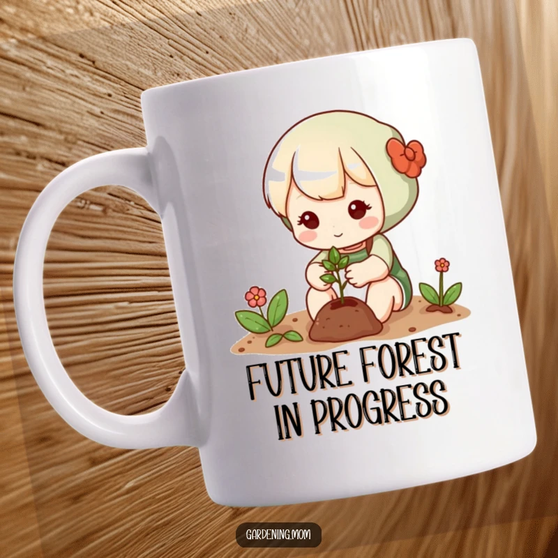 Funny mug showing a cute gardening character with a gentle touch, carefully planting a small seed in the soil, symbolizing new beginnings and growth.