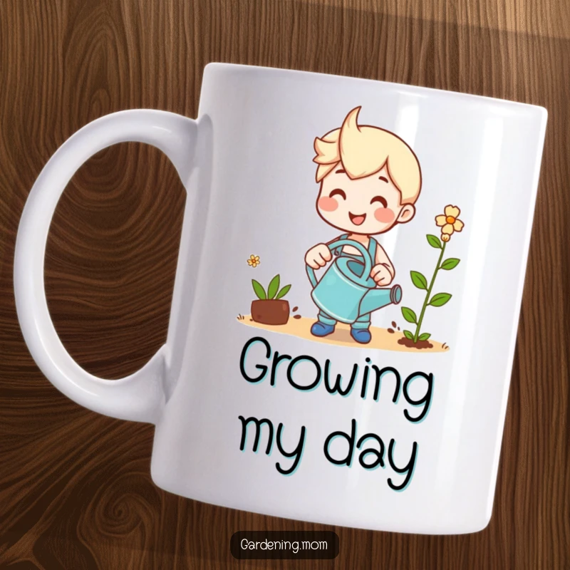 Funny mug featuring a smiling gardener happily watering a tiny sprout with a watering can.